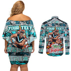 Custom Power Rugby Merry Christmas Couples Matching Off Shoulder Short Dress and Long Sleeve Button Shirt Indigenous Australian Art