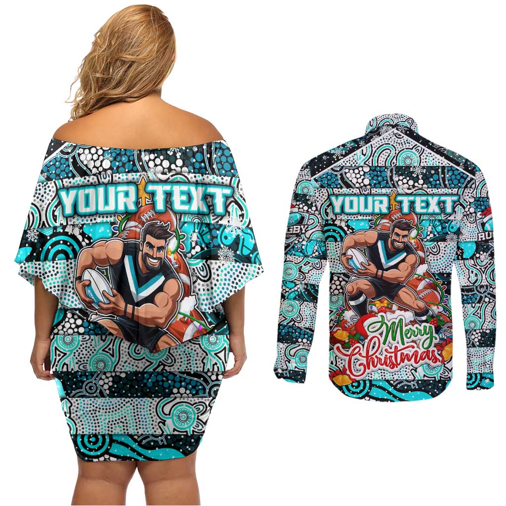 Custom Power Rugby Merry Christmas Couples Matching Off Shoulder Short Dress and Long Sleeve Button Shirt Indigenous Australian Art