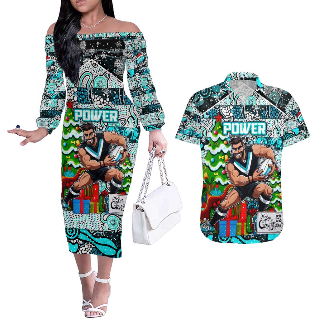 Custom Power Rugby Merry Christmas Couples Matching Off The Shoulder Long Sleeve Dress and Hawaiian Shirt Indigenous Australian Art