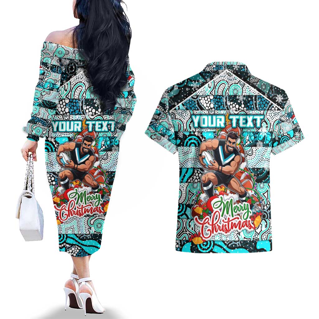 Custom Power Rugby Merry Christmas Couples Matching Off The Shoulder Long Sleeve Dress and Hawaiian Shirt Indigenous Australian Art