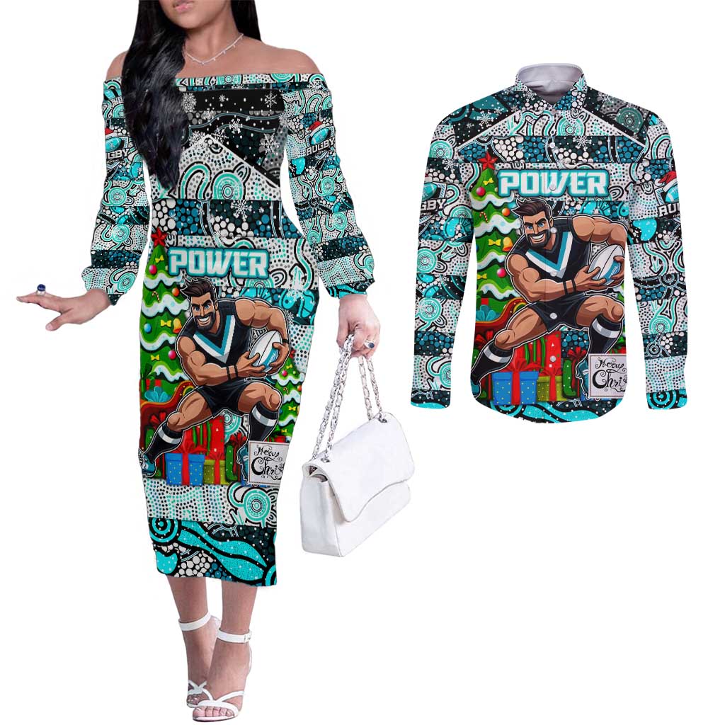 Custom Power Rugby Merry Christmas Couples Matching Off The Shoulder Long Sleeve Dress and Long Sleeve Button Shirt Indigenous Australian Art