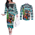 Custom Power Rugby Merry Christmas Couples Matching Off The Shoulder Long Sleeve Dress and Long Sleeve Button Shirt Indigenous Australian Art