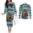 Custom Power Rugby Merry Christmas Couples Matching Off The Shoulder Long Sleeve Dress and Long Sleeve Button Shirt Indigenous Australian Art