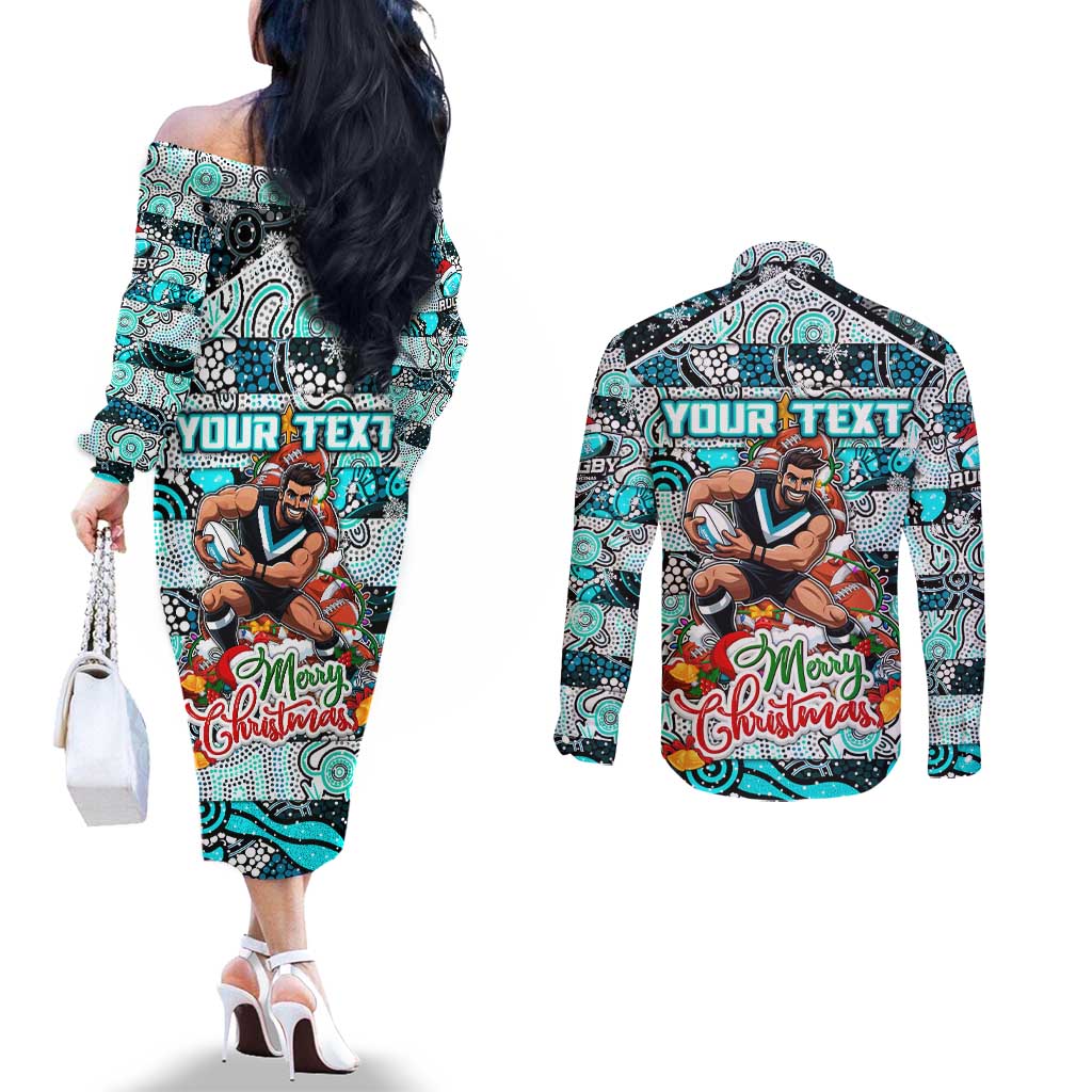 Custom Power Rugby Merry Christmas Couples Matching Off The Shoulder Long Sleeve Dress and Long Sleeve Button Shirt Indigenous Australian Art