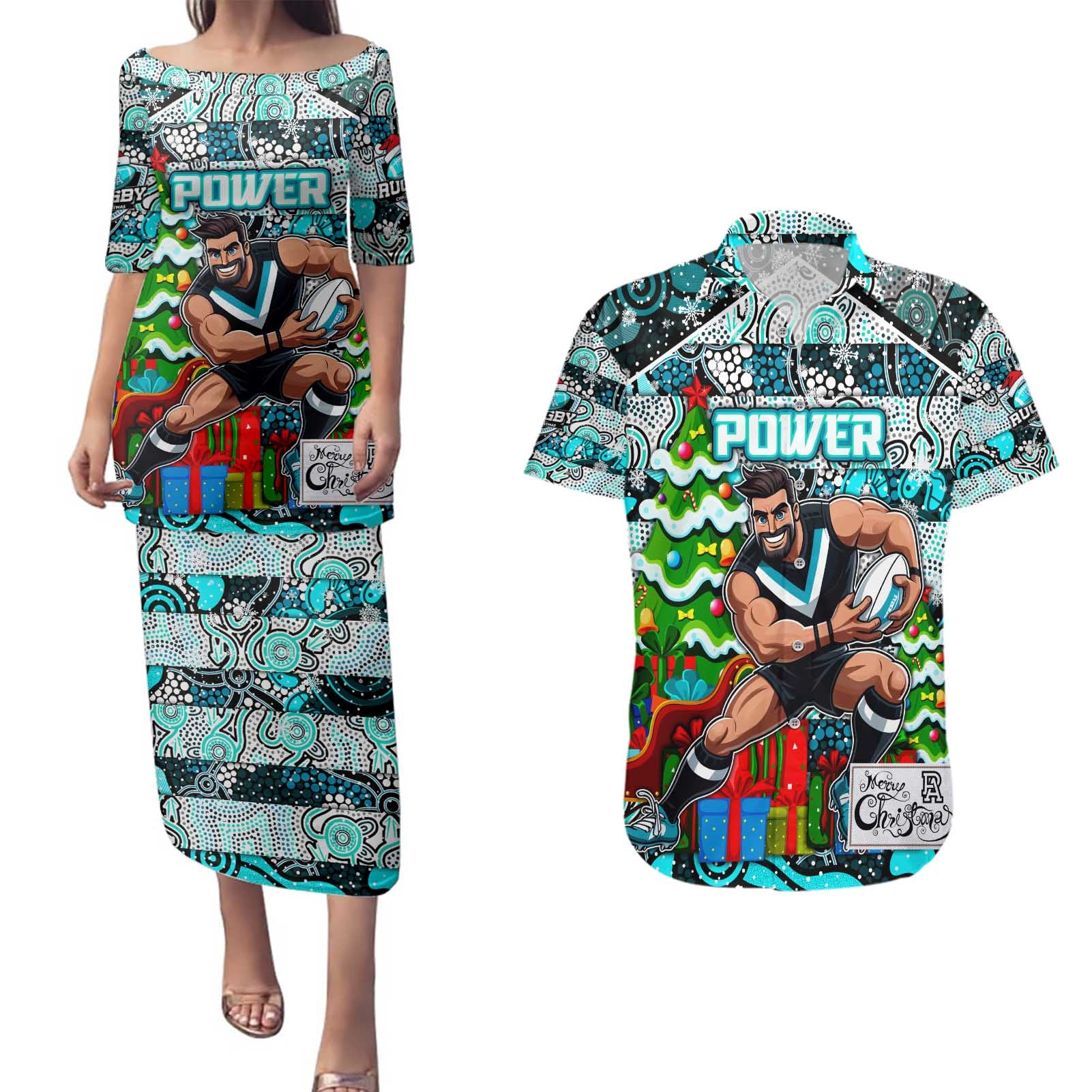 Custom Power Rugby Merry Christmas Couples Matching Puletasi and Hawaiian Shirt Indigenous Australian Art