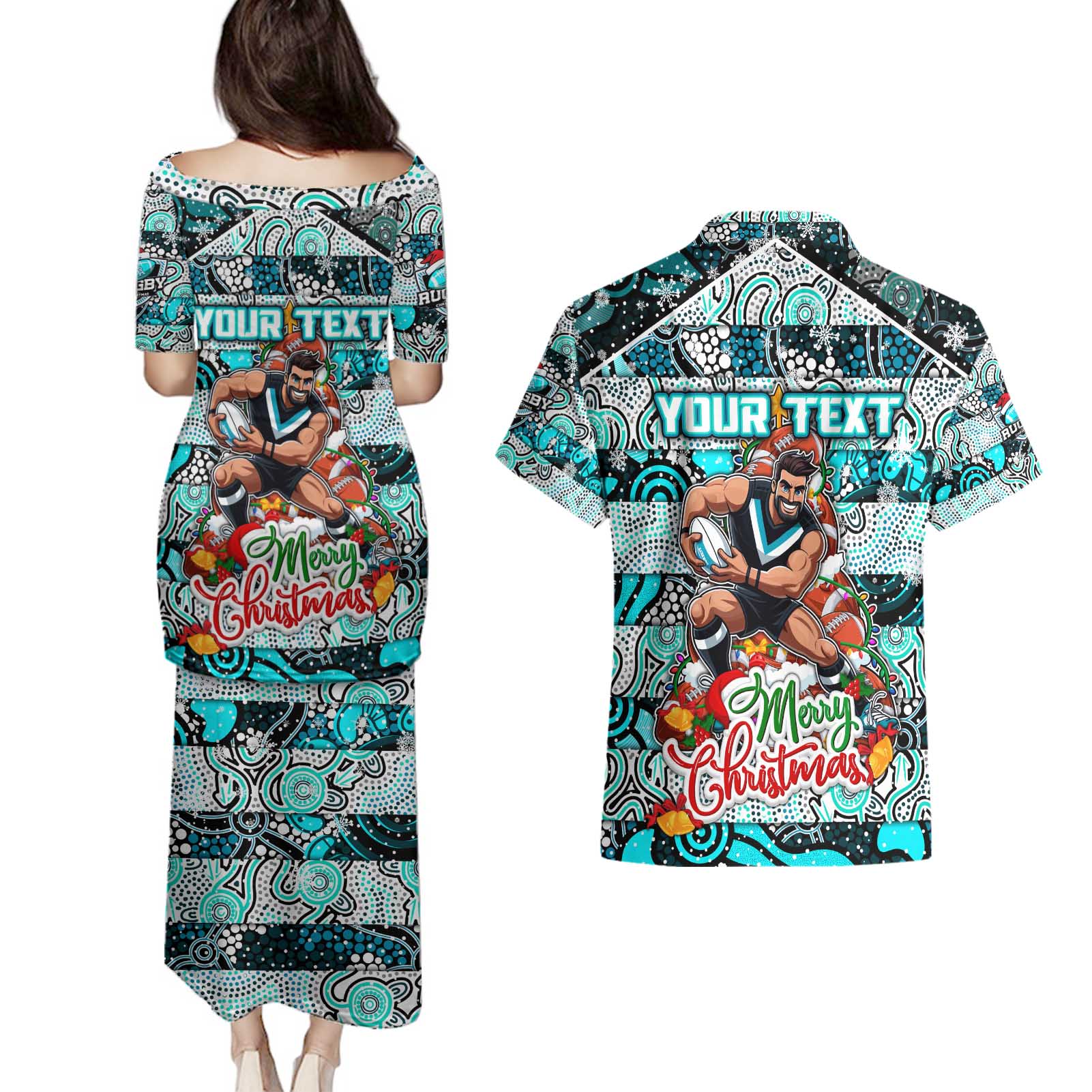 Custom Power Rugby Merry Christmas Couples Matching Puletasi and Hawaiian Shirt Indigenous Australian Art