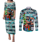 Custom Power Rugby Merry Christmas Couples Matching Puletasi and Long Sleeve Button Shirt Indigenous Australian Art