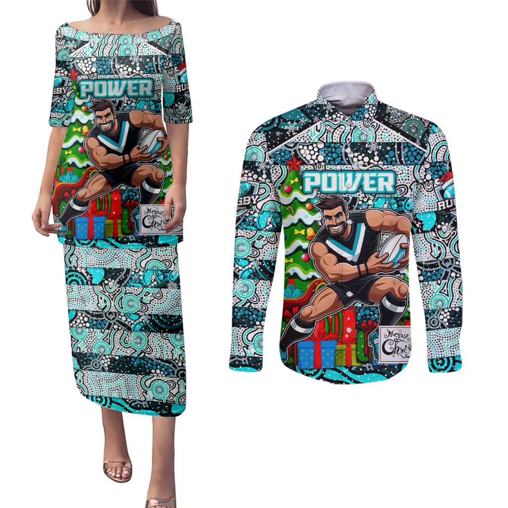 Custom Power Rugby Merry Christmas Couples Matching Puletasi and Long Sleeve Button Shirt Indigenous Australian Art