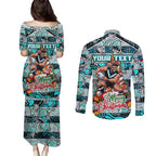 Custom Power Rugby Merry Christmas Couples Matching Puletasi and Long Sleeve Button Shirt Indigenous Australian Art
