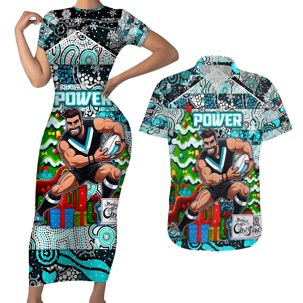 Custom Power Rugby Merry Christmas Couples Matching Short Sleeve Bodycon Dress and Hawaiian Shirt Indigenous Australian Art