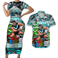 Custom Power Rugby Merry Christmas Couples Matching Short Sleeve Bodycon Dress and Hawaiian Shirt Indigenous Australian Art