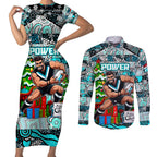 Custom Power Rugby Merry Christmas Couples Matching Short Sleeve Bodycon Dress and Long Sleeve Button Shirt Indigenous Australian Art