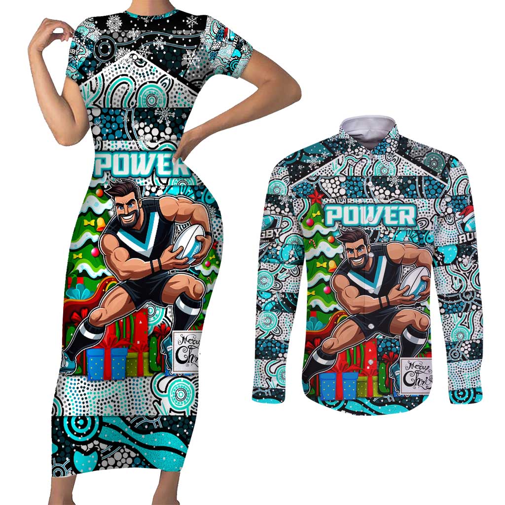 Custom Power Rugby Merry Christmas Couples Matching Short Sleeve Bodycon Dress and Long Sleeve Button Shirt Indigenous Australian Art