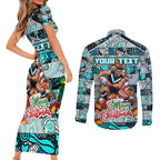 Custom Power Rugby Merry Christmas Couples Matching Short Sleeve Bodycon Dress and Long Sleeve Button Shirt Indigenous Australian Art