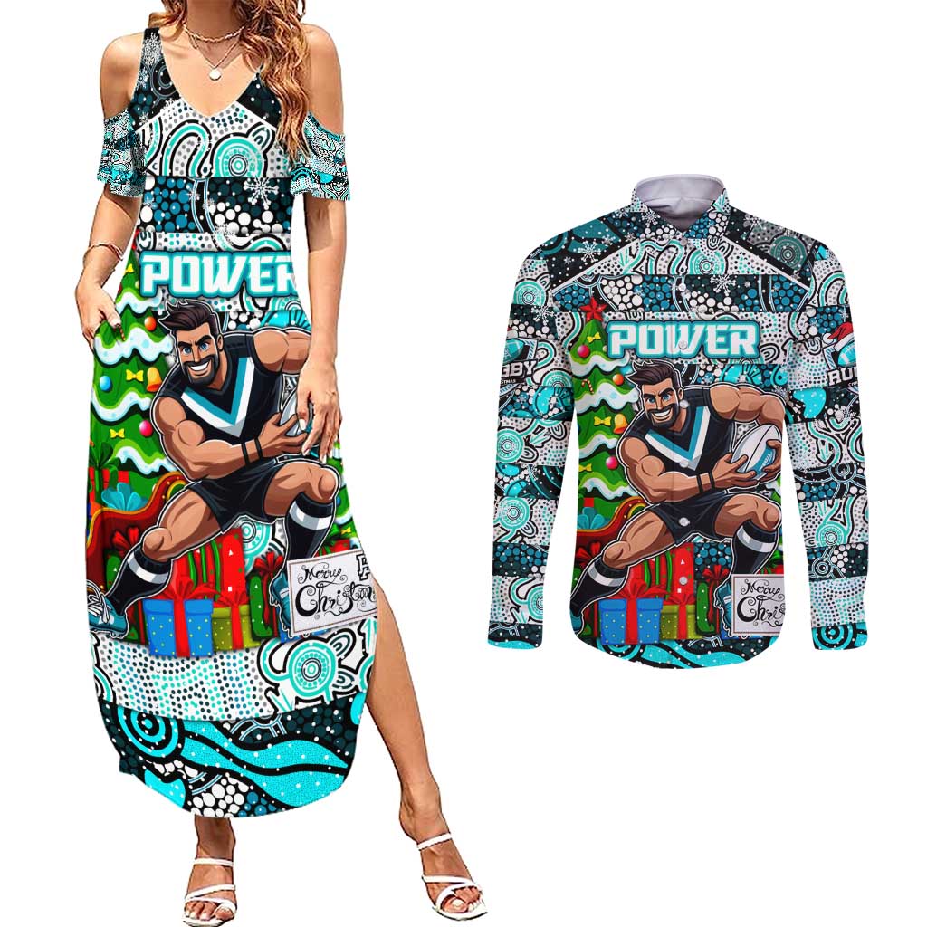 Custom Power Rugby Merry Christmas Couples Matching Summer Maxi Dress and Long Sleeve Button Shirt Indigenous Australian Art