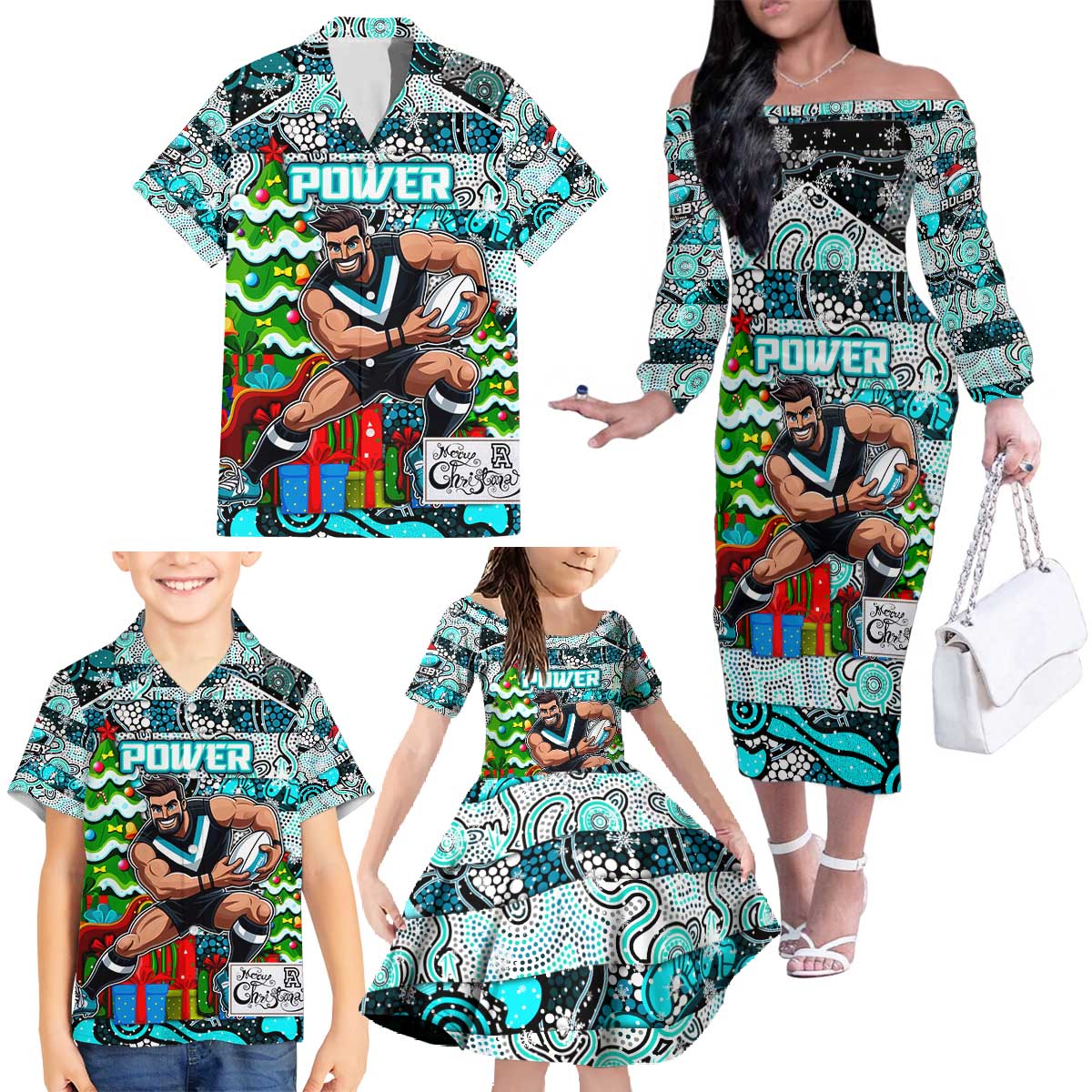 Custom Power Rugby Merry Christmas Family Matching Off The Shoulder Long Sleeve Dress and Hawaiian Shirt Indigenous Australian Art