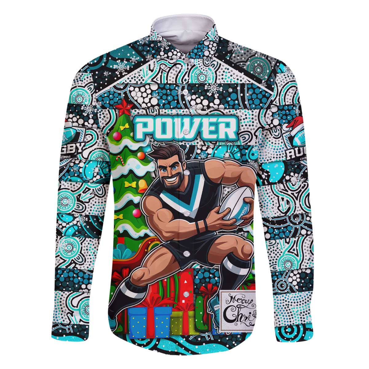 Custom Power Rugby Merry Christmas Family Matching Off The Shoulder Long Sleeve Dress and Hawaiian Shirt Indigenous Australian Art