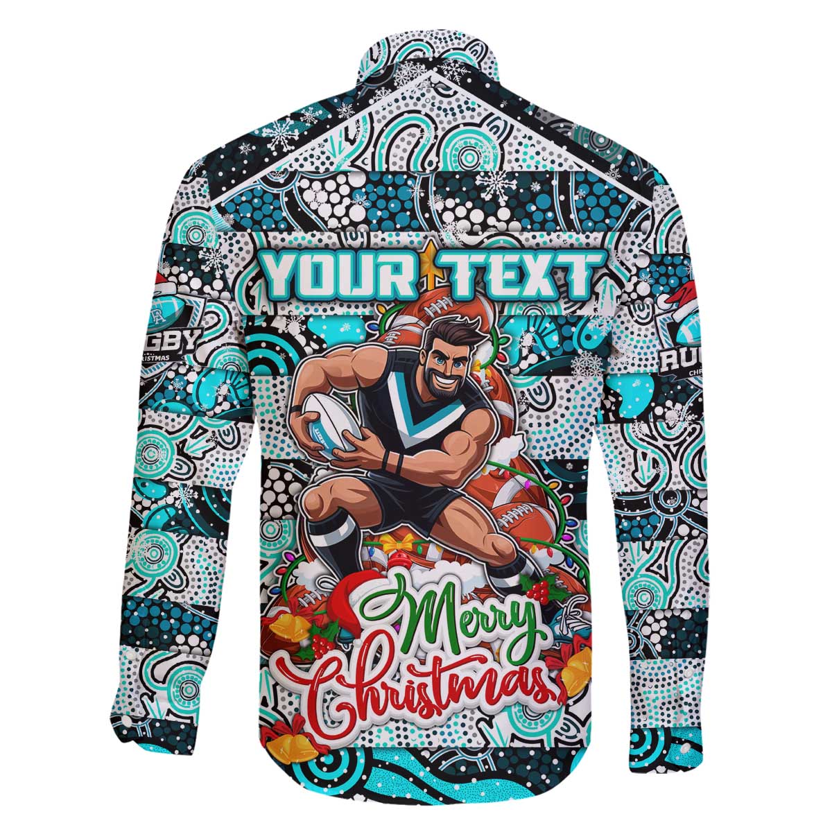 Custom Power Rugby Merry Christmas Family Matching Off The Shoulder Long Sleeve Dress and Hawaiian Shirt Indigenous Australian Art