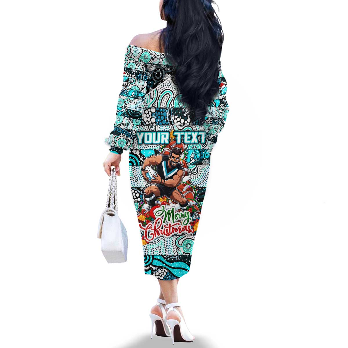 Custom Power Rugby Merry Christmas Family Matching Off The Shoulder Long Sleeve Dress and Hawaiian Shirt Indigenous Australian Art