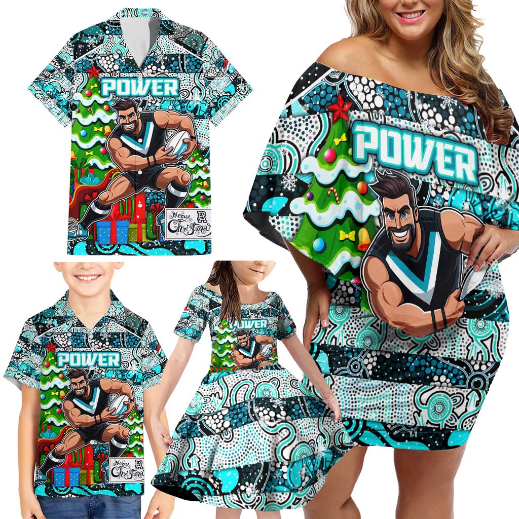 Custom Power Rugby Merry Christmas Family Matching Off Shoulder Short Dress and Hawaiian Shirt Indigenous Australian Art
