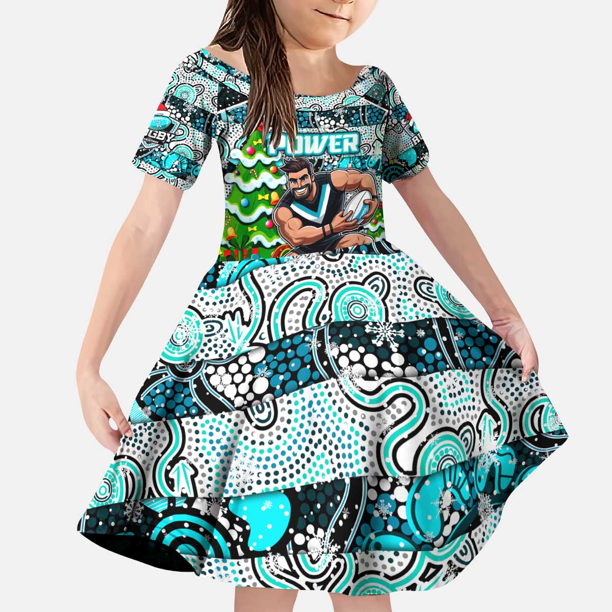 Custom Power Rugby Merry Christmas Kid Short Sleeve Dress Indigenous Australian Art