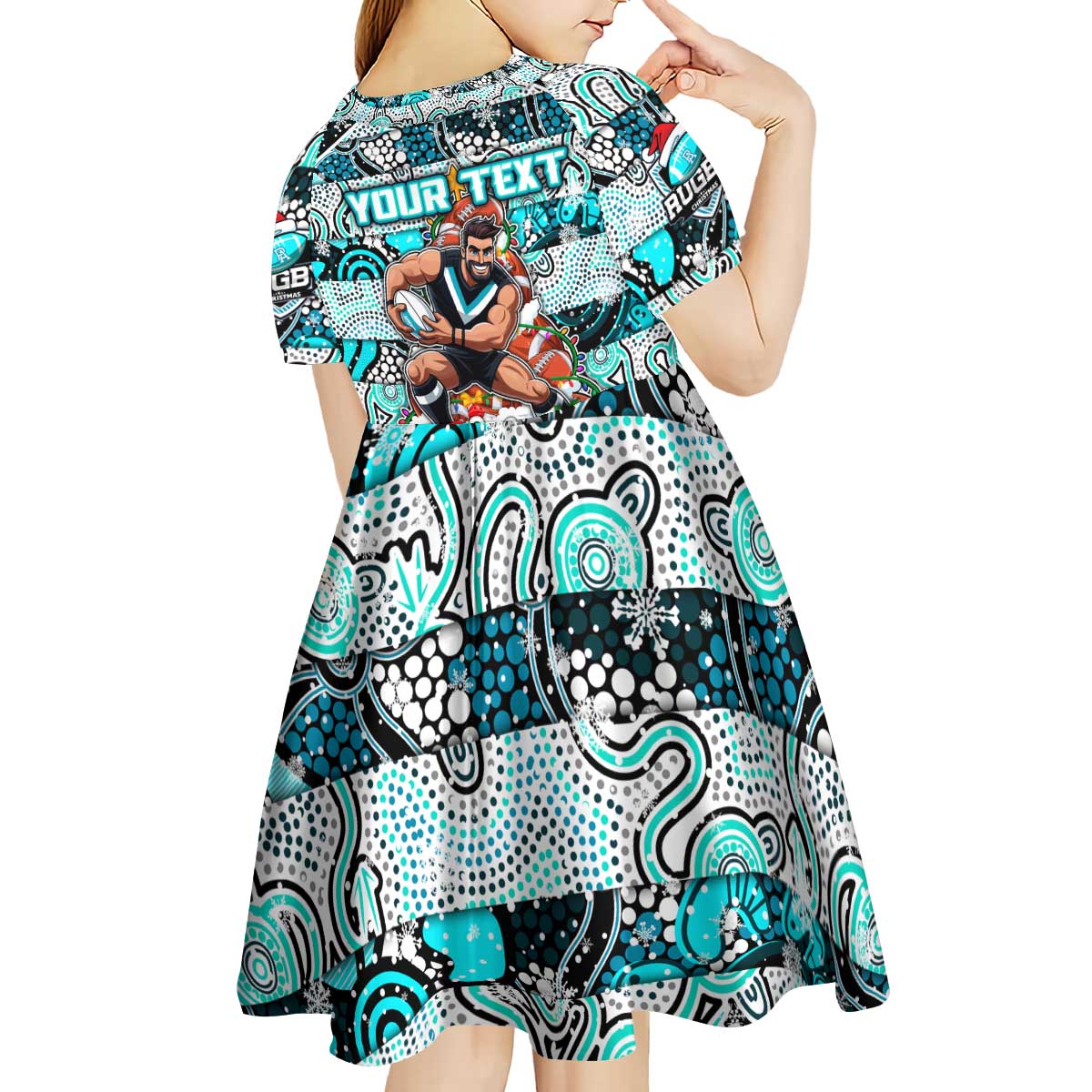 Custom Power Rugby Merry Christmas Kid Short Sleeve Dress Indigenous Australian Art