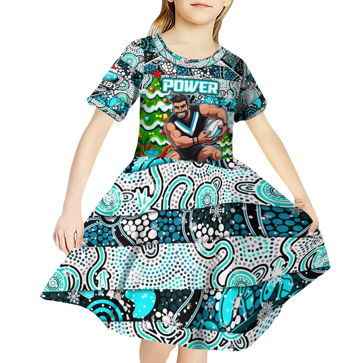 Custom Power Rugby Merry Christmas Kid Short Sleeve Dress Indigenous Australian Art