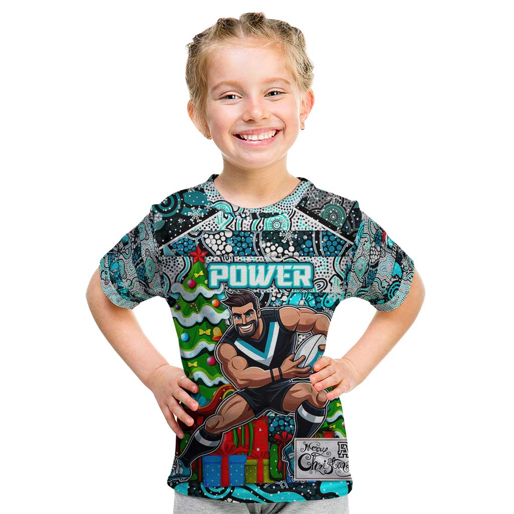 Custom Power Rugby Merry Christmas Kid T Shirt Indigenous Australian Art