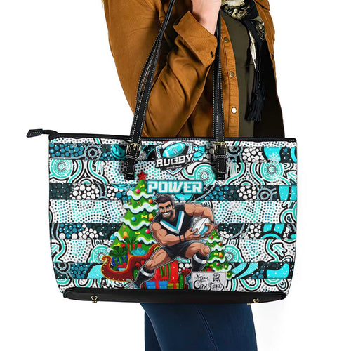 Power Football Merry Christmas Leather Tote Bag Indigenous Australian Art