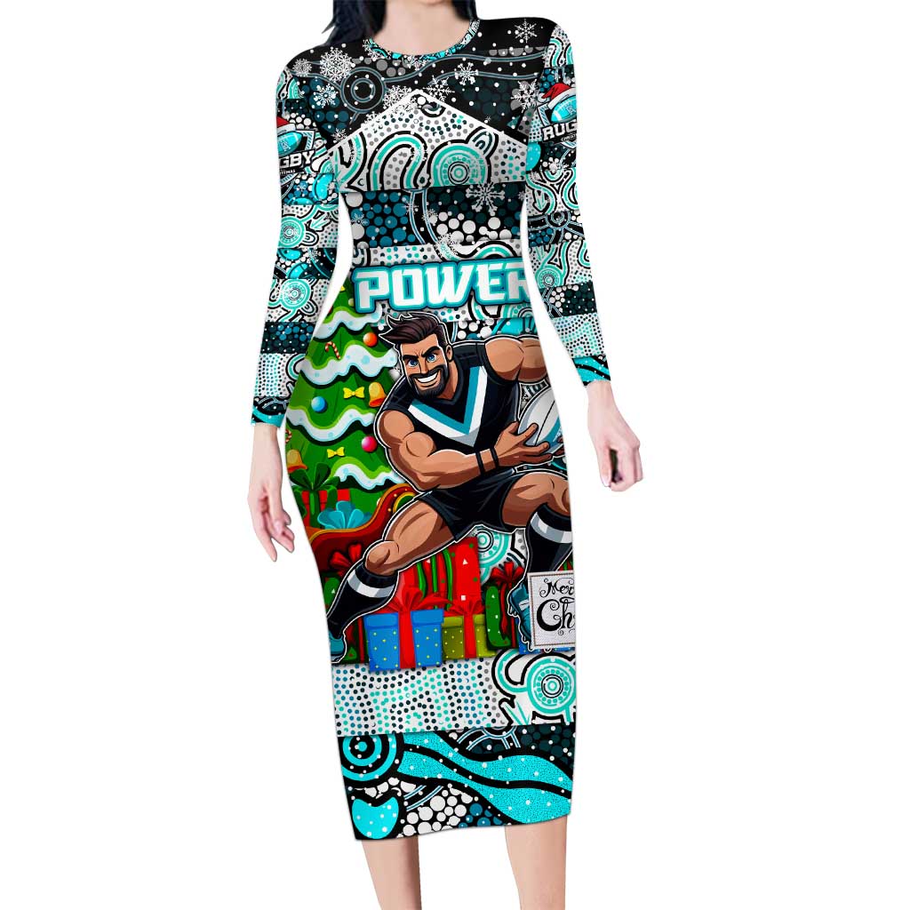 Custom Power Rugby Merry Christmas Long Sleeve Bodycon Dress Indigenous Australian Art
