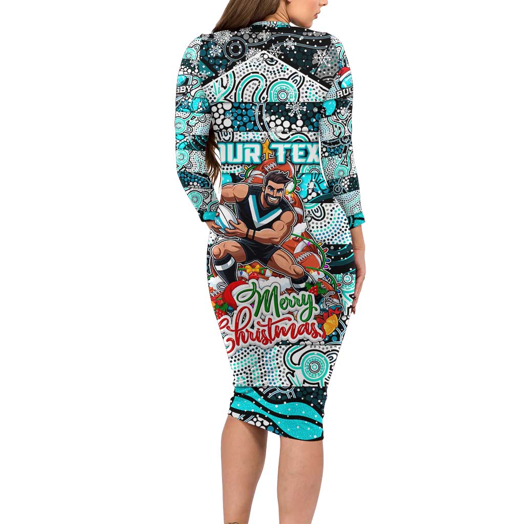 Custom Power Rugby Merry Christmas Long Sleeve Bodycon Dress Indigenous Australian Art