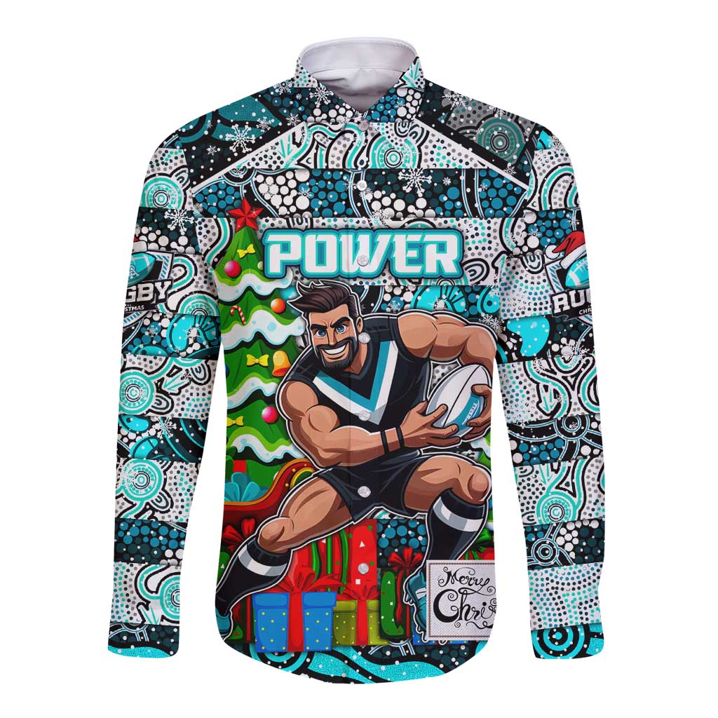 Custom Power Rugby Merry Christmas Long Sleeve Button Shirt Indigenous Australian Art