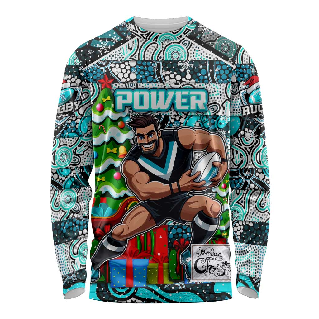 Custom Power Rugby Merry Christmas Long Sleeve Shirt Indigenous Australian Art