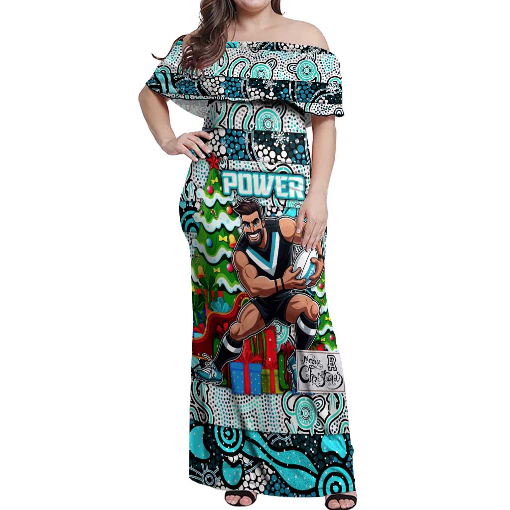 Custom Power Rugby Merry Christmas Off Shoulder Maxi Dress Indigenous Australian Art