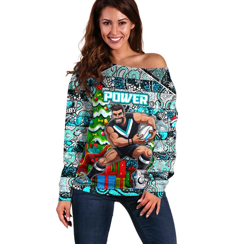 Custom Power Rugby Merry Christmas Off Shoulder Sweater Indigenous Australian Art