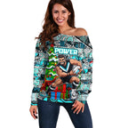 Custom Power Rugby Merry Christmas Off Shoulder Sweater Indigenous Australian Art