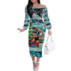 Custom Power Rugby Merry Christmas Off The Shoulder Long Sleeve Dress Indigenous Australian Art