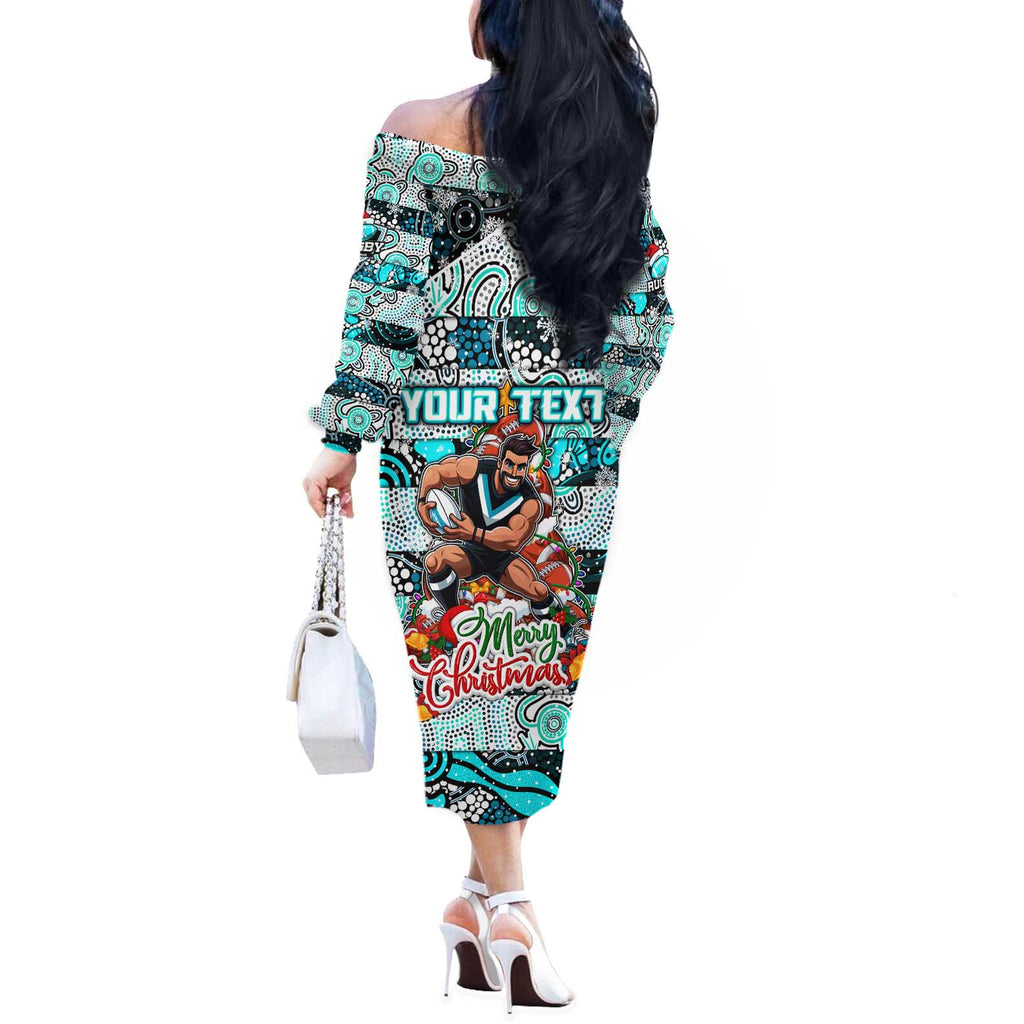 Custom Power Rugby Merry Christmas Off The Shoulder Long Sleeve Dress Indigenous Australian Art