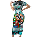 Custom Power Rugby Merry Christmas Short Sleeve Bodycon Dress Indigenous Australian Art