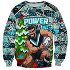 Custom Power Rugby Merry Christmas Sweatshirt Indigenous Australian Art