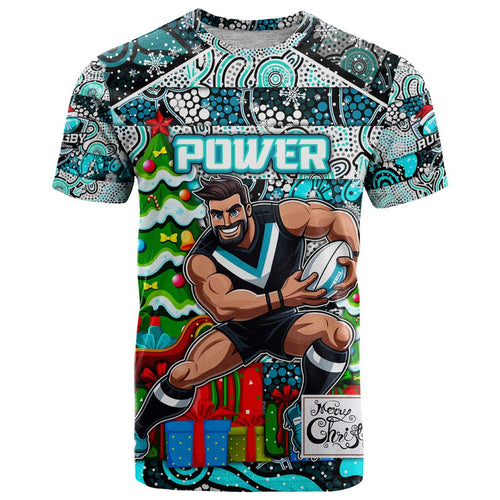 Custom Power Rugby Merry Christmas T Shirt Indigenous Australian Art