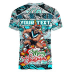Custom Power Rugby Merry Christmas Women V-Neck T-Shirt Indigenous Australian Art