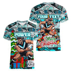 Custom Power Rugby Merry Christmas Women V-Neck T-Shirt Indigenous Australian Art