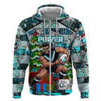 Custom Power Rugby Merry Christmas Zip Hoodie Indigenous Australian Art