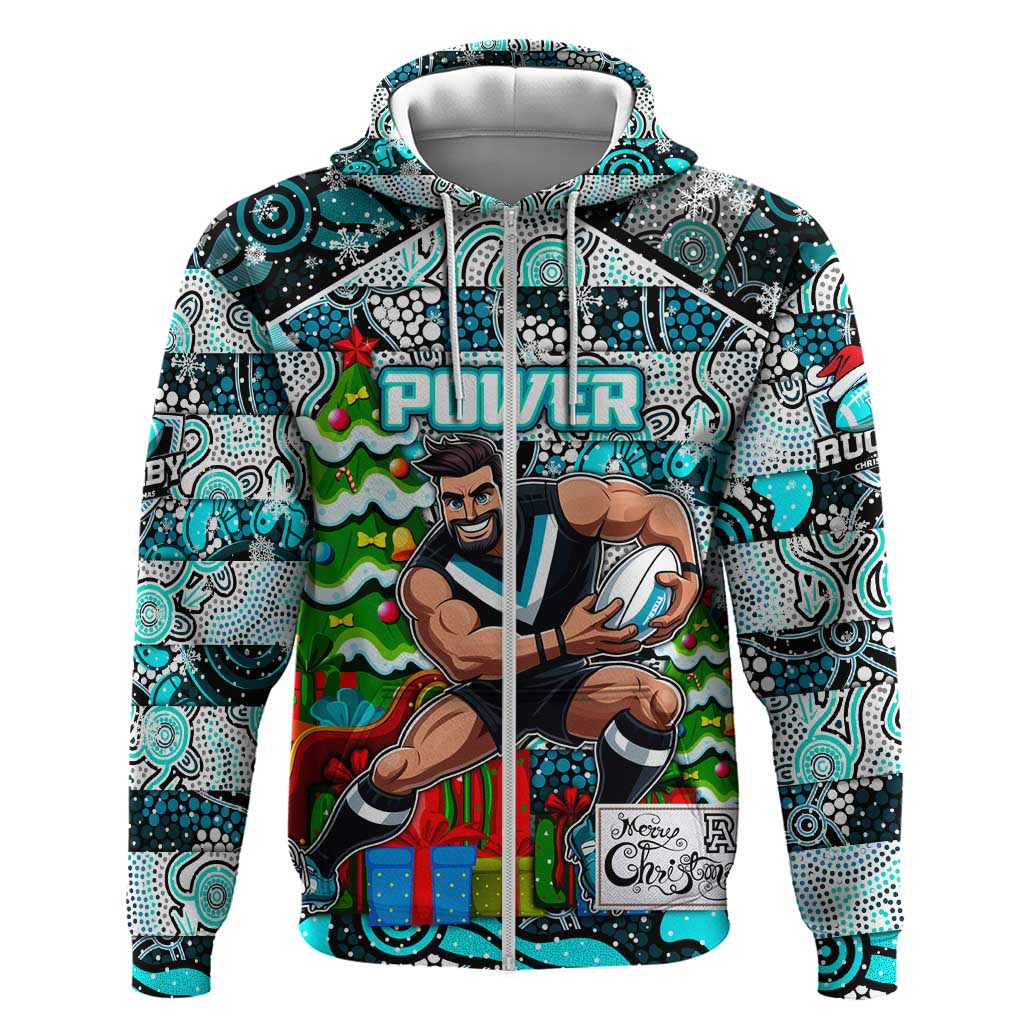 Custom Power Rugby Merry Christmas Zip Hoodie Indigenous Australian Art