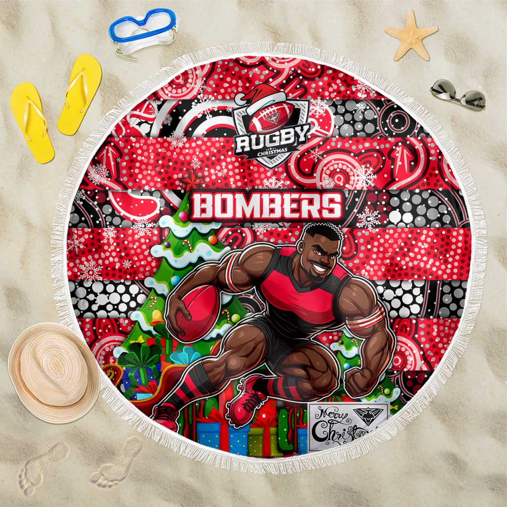 Bombers Football Merry Christmas Beach Blanket Indigenous Australian Art