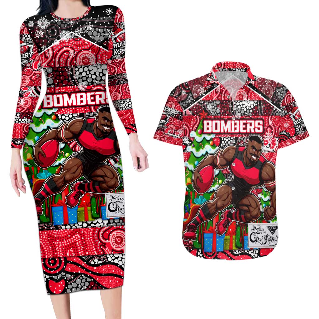 Custom Bombers Rugby Merry Christmas Couples Matching Long Sleeve Bodycon Dress and Hawaiian Shirt Indigenous Australian Art