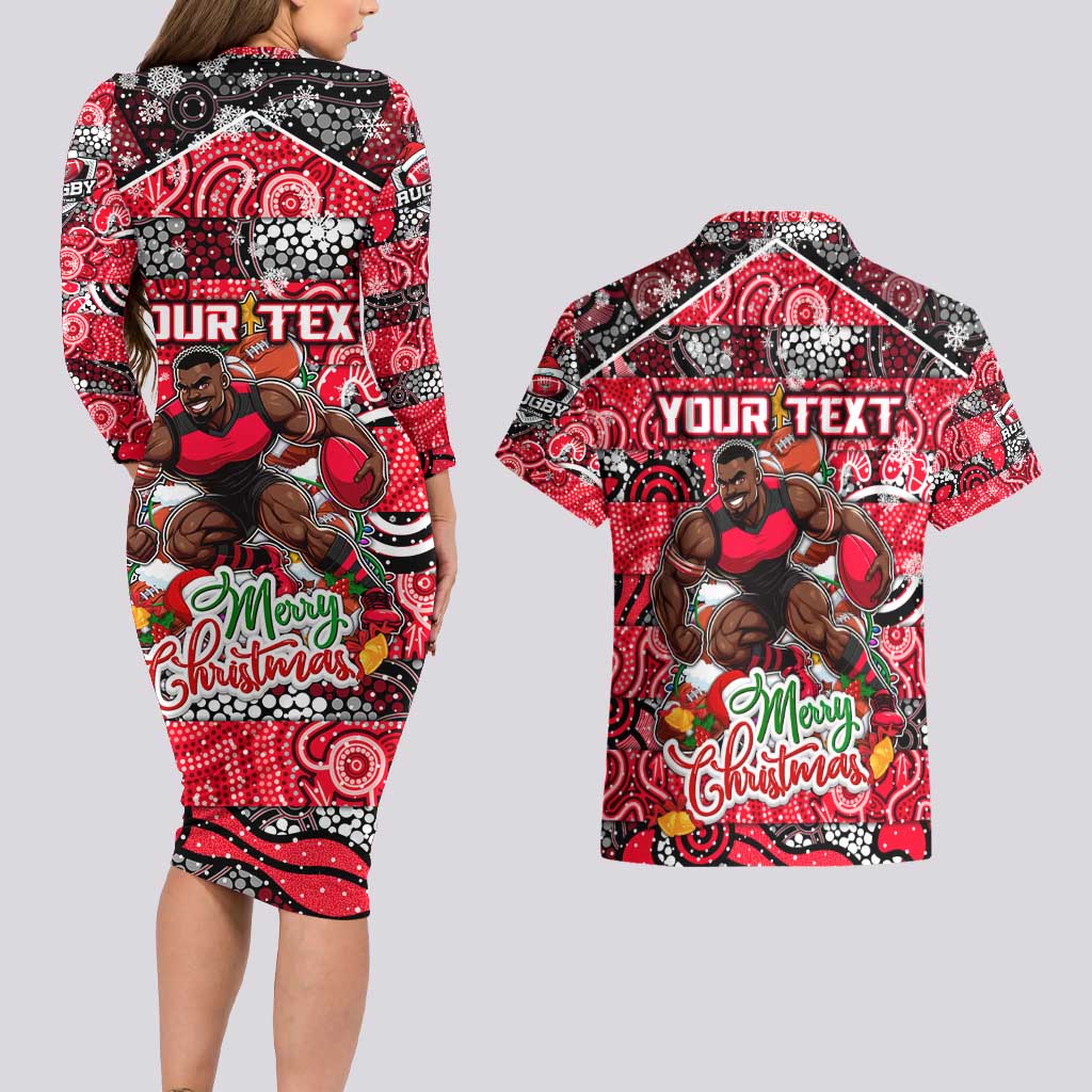 Custom Bombers Rugby Merry Christmas Couples Matching Long Sleeve Bodycon Dress and Hawaiian Shirt Indigenous Australian Art