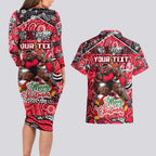 Custom Bombers Rugby Merry Christmas Couples Matching Long Sleeve Bodycon Dress and Hawaiian Shirt Indigenous Australian Art