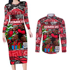 Custom Bombers Rugby Merry Christmas Couples Matching Long Sleeve Bodycon Dress and Long Sleeve Button Shirt Indigenous Australian Art